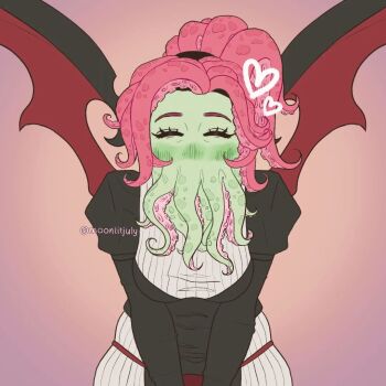Rule 34 | 1girl, angry, breasts, closed eyes, cthulhu mythos, dress, ln'eta, long hair, monster girl, moonlitjuly, mouth with tentacles, pink eyes, pink hair, shaded face, solo, sucker for love, sucker for love: first date, yandere