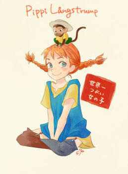 1girl 1other animal_ears animification asymmetrical_legwear blue_eyes braid character_name closed_mouth crossed_legs dress freckles garter_straps looking_at_viewer medium_hair mismatched_legwear monkey monkey_ears monkey_tail mr._neilson on_person pippi_longstocking pippi_longstocking_(series) red_hair satou_futaba_(loose_leaf) short_twintails simple_background sitting smile tail thighhighs translation_request twintails