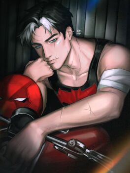 1boy aransmind bat_signal batman_(series) batman_symbol black_hair black_tank_top blue_eyes collarbone dc_comics highres jason_todd male_focus mask multicolored_hair muscular muscular_male red_hood_(dc) red_hood_and_the_outlaws red_mask scar scar_on_face short_hair tank_top