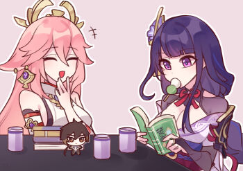 2girls absurdres animal_ear_piercing animal_ears armor bare_shoulders blue_pupils blunt_bangs book breasts bridal_gauntlets brown_eyes brown_hair c520gpss character_doll chibigurumi chinese_clothes chinese_commentary cleavage closed_mouth clothing_cutout cup dango detached_sleeves doll eating electro_symbol_(genshin_impact) fan_hair_ornament flower flower_ornament food food_in_mouth fox_ears fox_girl friends genshin_impact gradient_hair hair_between_eyes headpiece highres holding holding_book indoors japanese_armor japanese_clothes jewelry large_breasts laughing long_hair long_sleeves looking_down mitsudomoe_(shape) mole mole_under_eye multicolored_eyes multicolored_hair multiple_girls neck_ribbon off_shoulder open_book open_mouth pendant pile_of_books purple_background purple_eyes purple_flower raiden_shogun reading red_ribbon ribbon shade shadow shoulder_armor shoulder_cutout streaked_hair table tomoe_(symbol) toy wagashi yae_miko zhongli_(genshin_impact)