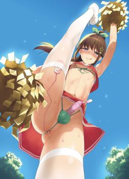 1boy anal anal_object_insertion anus blush bra brown_hair bulge cheerleader condom condom_on_penis crossdressing crossdressing_(mtf) cupless_bra from_below green_ribbon hair_ornament hair_ribbon hairclip leg_up licking_lips long_hair male_focus male_penetrated nemunemu_(candy_paddle) nipples object_insertion penis pleated_skirt pom_pom_(cheerleading) ponytail purple_eyes red_skirt ribbon sex_toy shota skirt solo split standing standing_on_one_leg standing_split sweat tennis testicles thighhighs tongue tongue_out trap underwear upskirt used_condom used_condom_on_penis vibrator vibrator_in_thighhighs white_footwear white_thighhighs