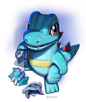 angry annoyed character_doll color_connection commentary crocodile crocodilian doll english_commentary gen_2_pokemon gen_3_pokemon gen_7_pokemon highres holding holding_stuffed_toy kyogre legendary_pokemon lizard_tail mcgmark nintendo no_humans pokemon pokemon_(creature) red_eyes scales sharp_teeth stuffed_animal stuffed_toy suicune tail tapu_fini teeth totodile white_background