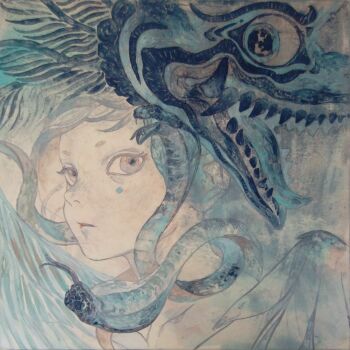 Rule 34 | 1girl, absurdres, blue theme, close-up, commentary request, dragon, eastern dragon, facial mark, feathered wings, grey eyes, highres, hikimayu, kurashiki touka, looking at viewer, original, snake, snake hair, solo, traditional media, wings