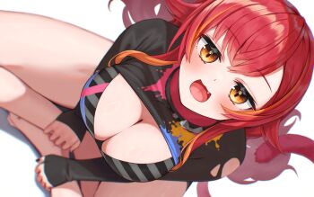 1girl 8000_(pixiv_76944875) absurdres breasts cat_tail commentary_request highres long_hair looking_at_viewer nekota_tsuna nekota_tsuna_(1st_costume) red_hair smile tail thighs virtual_youtuber vspo! white_background yellow_eyes