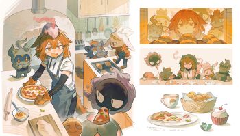 1girl absurdres annoyed arknights baking_sheet basket black_gloves bowl brick_oven cabinet chinese_commentary closed_eyes commentary_request cooking croissant crownslayer_(arknights) cup cupcake cutting_board dated dopperu_ben eating elbow_gloves food food_in_mouth frying_pan gastly gen_1_pokemon gen_3_pokemon gen_5_pokemon gen_7_pokemon gen_8_pokemon gloves highres hyena_ears hyena_girl hyena_tail indoors knife_block legendary_pokemon marshadow musharna mythical_pokemon nintendo on_head open_mouth oven oven_mitts pizza pizza_slice plate pokemon pokemon_(creature) pokemon_on_head raboot red_eyes red_hair rolling_pin shirt short_hair short_sleeves signature simple_background smile spatula spoon teacup torkoal whisk white_background white_shirt wooden_spoon zoroark