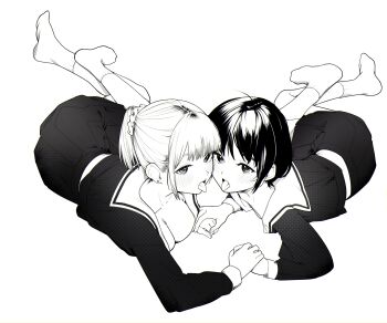 2girls absurdres blush breasts commentary earrings english_commentary eredhen greyscale hair_ornament hair_scrunchie highres holding_hands jewelry large_breasts long_sleeves looking_at_viewer lying monochrome multiple_girls no_shoes on_stomach open_mouth original pleated_skirt ponytail sailor_collar school_uniform scrunchie serafuku shirt short_hair simple_background skirt socks stud_earrings tongue tongue_out twisted_torso yuri