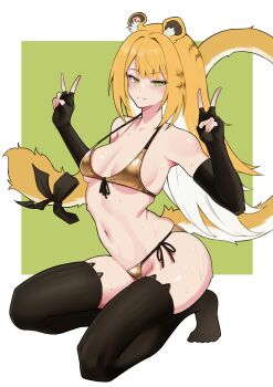 Rule 34 | 1girl, absurdres, animal ear fluff, animal ears, bikini, black thighhighs, blonde hair, blush, breasts, closed mouth, double v, full body, gold bikini, green eyes, highres, ju fufu, killzdck, kneeling, long hair, looking at viewer, multicolored hair, navel, simple background, smile, solo, string bikini, swimsuit, tail, thighhighs, tiger ears, tiger girl, tiger tail, v, white hair, zenless zone zero