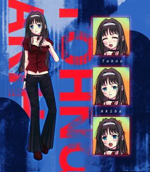 1girl alternate_costume anger_vein bell-bottoms belt black_choker black_hair black_pants blue_eyes blush bracelet casual character_name choker closed_eyes collarbone commentary crop_top english_commentary frilled_shirt frilled_sleeves frills full_body hair_intakes hairband hand_on_own_chest highres jewelry long_hair looking_to_the_side multiple_expressions open_mouth pants purplerider red_shirt red_shoes shirt shoes short_sleeves smile solo standing tohno_akiha tsukihime white_hairband