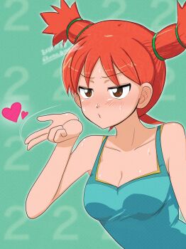 1girl absurdres artist_name blowing_kiss blush breasts brown_eyes camisole cleavage dated heart highres medium_breasts natsumi_(saru_getchu) orange_eyes orange_hair saru_getchu solo sony sweat twintails