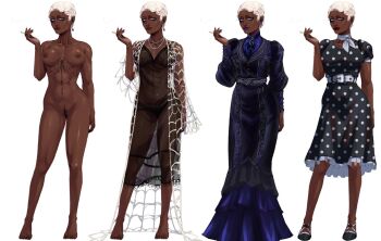 1girl annabelle_cane belt black_dress blackberreh-art blue_dress breasts cigarette commentary dark-skinned_female dark_skin design_speculation dress earrings english_commentary female_pubic_hair goth_fashion holding holding_cigarette jewelry light-skinned_palms lips navel_piercing nipples nude piercing pubic_hair purple_lips rockabilly short_hair spider_web_pattern spider_web_tattoo tattoo the_magnus_archives thick_lips very_dark_skin very_short_hair victorian white_background white_hair