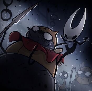 1girl 3boys antchan54 arthropod_boy arthropod_girl asphyxiation brown_hat commentary english_commentary hat highres holding holding_weapon hollow_knight hollow_knight:_silksong hornet_(hollow_knight) insect_wings multiple_boys nail_(hollow_knight) no_humans o_o shaded_face strangling string sweat trembling veins weapon wings