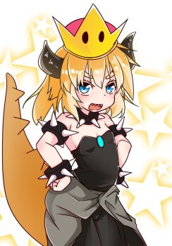 1girl aged_down arched_back armlet bare_shoulders black_dress blonde_hair blue_eyes blue_gem blush bowsette bracelet clenched_hand collar colored_eyelashes commentary_request cowboy_shot crown dress flat_chest from_side gem grey_sash hair_between_eyes high_ponytail highres horns jewelry lizard_tail looking_at_viewer mario_(series) medium_hair new_super_mario_bros._u_deluxe nintendo open_mouth ponytail revision sash sharp_teeth sidelocks sideways_glance smile sonson_(yuukyuu_365nichi) spiked_armlet spiked_bracelet spiked_collar spiked_tail spikes standing star_(symbol) star_symbol_background strapless strapless_dress super_crown tail teeth thick_eyebrows v-shaped_eyebrows white_background