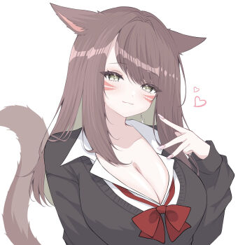 Rule 34 | 1girl, animal ears, black cardigan, blush, bow, bowtie, breasts, brown eyes, brown hair, cardigan, cleavage, closed mouth, collared shirt, commentary request, facial mark, final fantasy, final fantasy xiv, fingernails, hand up, heart, highres, huge breasts, light smile, long hair, long sleeves, looking at viewer, loose bowtie, miqo'te, nail polish, original, parted bangs, pink nails, red bow, red bowtie, school uniform, sena miqo, shirt, simple background, solo, straight hair, tail, upper body, variant set, whisker markings, white background, white shirt