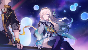 1boy 1girl absurdres adjusting_hair bad_link black_gloves black_hairband black_jacket black_pants black_ribbon black_thighhighs blue_eyes bubble caelus_(honkai:_star_rail) cracked_skin dress fingerless_gloves firefly_(honkai:_star_rail) game_cg gloves gradient_hair green_dress green_hair grey_hair hair_between_eyes hair_ornament hair_ribbon hairband highres honkai:_star_rail honkai_(series) jacket long_hair long_sleeves looking_at_another looking_at_viewer multicolored_eyes multicolored_hair neckerchief night official_art pants parted_lips pocket_watch purple_eyes ribbon shirt short_hair sitting sky smile star_(sky) starry_sky thighhighs trailblazer_(honkai:_star_rail) two-tone_eyes two-tone_hair watch white_shirt yellow_neckerchief