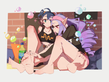 absurdres barefoot belle_(zenless_zone_zero) black_nails blue_eyes bottle crop_top green_eyes highres long_hair pillow pointy_ears ponytail red_eyes short_hair short_shorts shorts soda togekk0 vivian_banshee yuri zenless_zone_zero