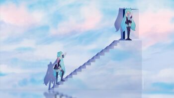 1girl absurdres black_skirt bowing commentary commentary_request detached_sleeves english_commentary grey_shirt hatsune_miku highres long_hair multiple_views necktie paranoid_ghosts pleated_skirt reaching reflective_floor scene_reference shadow shirt skirt stairs standing the_truman_show thighhighs twintails very_long_hair vocaloid