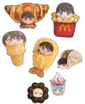 3girls bang_dream! bang_dream!_it's_mygo!!!!! black_hair blonde_hair blue_hair chibi chibi_only commentary_request croissant donut food french_fries hanasakigawa_school_uniform ice_cream in_food mcdonald's misumi_uika mole mole_under_eye multiple_girls open_mouth pon_de_ring purple_eyes school_uniform shiina_taki shrimp shrimp_tempura simple_background soft_serve taco tempura togawa_sakiko white_background yayaya4467