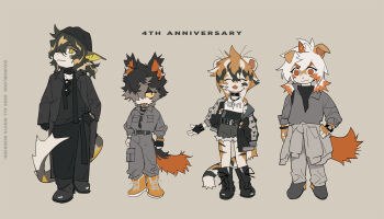 1girl 2023 3boys aak_(arknights) accessories anniversary arknights artist_name boots brown_background chibi closed_eyes dragon_boy fangs fins fish_boy fish_tail furry furry_female furry_male furry_with_furry hair_over_one_eye highres horns hung_(arknights) kuroblood lee_(arknights) looking_at_viewer looking_to_the_side multiple_boys mythological_creature simple_background single_horn smile sunglasses tail tiger_stripes tiger_tail tongue tongue_out waai_fu_(arknights) watch wristwatch