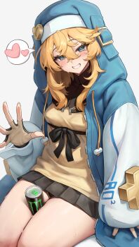 1boy absurdres androgyne_symbol aqua_eyes between_legs black_panties black_skirt blonde_hair blue_jacket breasts bridget_(guilty_gear) commentary_request fingerless_gloves fingernails gloves grin guilty_gear guilty_gear_strive hair_between_eyes hakusyokuto heart highres hood hood_up hooded_jacket jacket looking_at_viewer male_focus male_with_breasts miniskirt monster_energy panties pantyshot pleated_skirt shirt sitting skirt small_breasts smile solo spoken_heart sweat thighs trap underwear yellow_shirt
