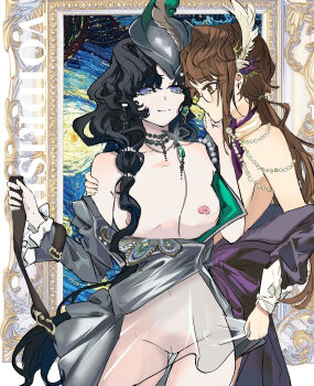 2girls absurdres bare_shoulders belt black_hair breasts brown_hair clothes_pull coat feather_hair_ornament feathers green_eyes grey_hat hair_ornament hand_on_another&#039;s_shoulder hat highres holding holding_belt isolde_(and_all_that_jazz)_(reverse:1999) isolde_(reverse:1999) jacket jacket_pull kakania_(reverse:1999) kakania_(seminars_on_serenity)_(reverse:1999) long_hair low_ponytail medium_breasts multiple_girls nipples no_panties official_alternate_costume picture_frame ponytail profile purple_coat purple_eyes pussy reverse:1999 see-through_clothes see-through_skirt skirt smile unworn_belt viod_yuhua yuri