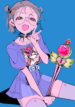 1girl :o absurdres bishoujo_senshi_sailor_moon black_choker black_nails blue_shirt blue_skirt character_print choker commentary_request cosmic_heart_compact cowboy_shot double_bun glasses grey_eyes grey_hair hair_bun highres matumot merchandise moon_stick_(sailor_moon) nail_polish original pleated_skirt print_shirt round_eyewear sailor_moon shirt short_hair sitting skirt spiked_choker spikes t-shirt thighhighs w wand white_thighhighs