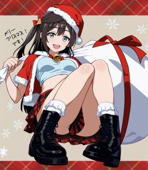 1girl :d absurdres aqua_shirt bell black_hair black_shoes boots bow cape christmas commentary_request grey_eyes hair_between_eyes hair_bow hat highres long_hair looking_at_viewer love_live! love_live!_nijigasaki_high_school_idol_club neck_bell open_mouth pleated_skirt red_bow red_cape red_ribbon red_skirt ribbon sack santa_costume santa_hat shirt shoes short_sleeves sidelocks sitting skirt smile socks solo teeth thighs upper_teeth_only white_socks yuki_setsuna zaofeng