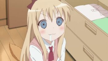 1girl animated animated_gif blonde_hair blue_eyes kemonomimi_mode ribbon saliva screencap sweater_vest tagme tail toshinou_kyouko yuruyuri