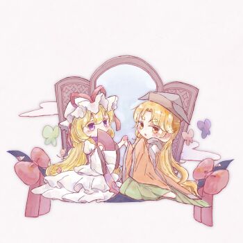 Rule 34 | 2girls, :o, black trim, blonde hair, blush, brown hat, commentary request, covering own mouth, curtained hair, detached sleeves, double doors, dress, gap (touhou), green skirt, hair between eyes, hand fan, hat, hat ribbon, highres, holding, holding fan, holding hands, layered dress, long hair, long sleeves, matara okina, mob cap, molmaron, multiple girls, open door, orange shirt, parted lips, purple eyes, purple tabard, purple trim, red ribbon, ribbon, seiza, shirt, simple background, sitting, skirt, swept bangs, tabard, touhou, very long hair, white background, white dress, white hat, wide sleeves, yakumo yukari, yellow eyes