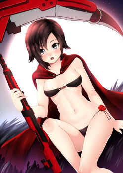 1girl areola_slip bikini female_focus fur go-it looking_at_viewer navel ruby_rose rwby scythe short_hair sitting solo swimsuit weapon
