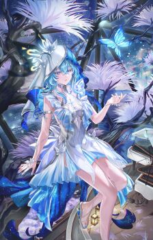 1girl aratakosu_(tako&#039;s) armlet bare_legs blue_butterfly blue_hair blue_nails blue_veil breasts bug butterfly colored_eyelashes commentary_request dress grand_piano hand_up heel-less_heels highres insect instrument jewelry large_breasts legs long_hair looking_at_animal nail_polish night night_sky on_branch parted_lips piano purple_eyes sandals sitting sitting_on_branch sky sleeveless sleeveless_dress solo shorekeeper_(wuthering_waves) toenail_polish toenails toes two-tone_veil veil water white_dress white_veil wuthering_waves