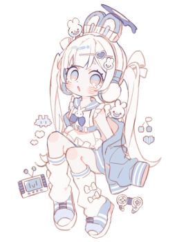 Rule 34 | 1girl, :o, @ @, absurdres, animal, animal ear headphones, animal ears, animal on head, blue eyes, blue jacket, blue shoes, blush, commentary request, controller, fake animal ears, full body, game controller, hair ornament, hairclip, halo, headphones, heart, heart hair ornament, highres, jacket, jacket partially removed, loose socks, on head, original, rabbit, rabbit hair ornament, rabbit on head, school uniform, serafuku, shirt, shoes, sitting, sketch, sneakers, socks, space invaders, twintails, uekura eku, white background, white hair, white shirt