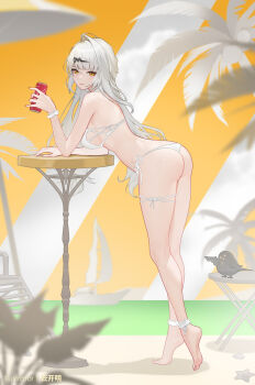 1girl alternate_costume artist_name bare_legs bare_shoulders barefoot bikini bird black_bird breasts can closed_mouth commentary drink_can feet from_side full_body hair_ornament highres holding holding_can large_breasts leaning_on_table legs long_hair looking_at_viewer looking_to_the_side paid_reward_available single_hair_intake smile solo swimsuit symbol-only_commentary toes very_long_hair white_bikini white_hair yellow_eyes yixuan_(zenless_zone_zero) yunkaiming zenless_zone_zero