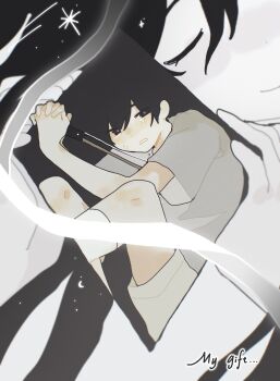 1boy 1girl arms_up bare_arms black_background black_eyes black_hair bow_(music) bright_pupils brother_and_sister chromatic_aberration clenched_teeth closed_eyes closed_mouth colored_skin commentary crescent crying crying_with_eyes_open double-parted_bangs english_commentary english_text feet_out_of_frame grey_pupils hair_between_eyes half-closed_eyes hapr_(noneprice) highres holding holding_bow_(music) interlocked_fingers jitome kneehighs knees_up long_hair looking_at_another looking_back mari_(omori) mari_(spirit)_(omori) omori own_hands_clasped own_hands_together shirt short_hair short_sleeves shorts siblings sideways_glance simple_background sitting smile socks star_(symbol) sunny_(omori) t-shirt tears teeth u_u white_shorts white_skin white_socks