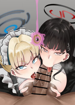 1boy 2girls :&gt;= bar_censor black_gloves black_hair blue_archive blue_eyes breasts censored coin coin_on_string commentary_request fellatio fingerless_gloves gloves hair_ornament hairclip halo hetero highres hypnosis long_hair looking_at_viewer maid_headdress mind_control multiple_girls oral penis red_eyes ringed_eyes rio_(blue_archive) saradaji0613 testicles toki_(blue_archive) tongue tongue_out