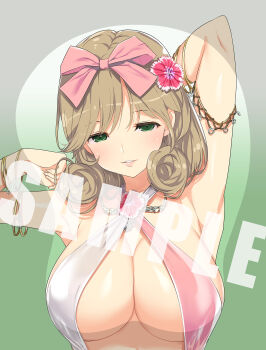 1girl armpits arms_up bracelet breast_mousepad breasts brown_hair cleavage flower green_eyes hair_flower hair_ornament haruka_(senran_kagura) highres jewelry marvelous mousepad_(medium) necklace sample_watermark senran_kagura solo swimsuit watermark yaegashi_nan