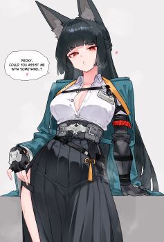 1girl absurdres animal_ear_fluff animal_ears black_gloves black_hair black_skirt bluefield braid breasts bright_pupils cleavage collared_shirt commentary english_text fingerless_gloves fox_ears fox_girl gloves green_jacket grey_background heart highres hoshimi_miyabi jacket long_hair long_skirt looking_at_viewer medium_breasts pleated_skirt red_eyes shirt simple_background single_fingerless_glove skirt solo speech_bubble thighs white_pupils zenless_zone_zero