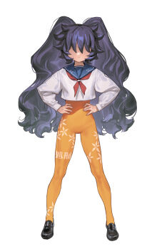 1girl alastor_(megido72) black_hair black_shoes blue_sailor_collar bodysuit closed_mouth covered_eyes facing_viewer flipped_hair floral_print full_body hair_over_eyes hands_on_own_hips highres legs_apart light_frown loafers long_hair long_sleeves neckerchief orange_bodysuit original print_bodysuit red_neckerchief sailor_collar sailor_shirt shirt shoes simple_background solo soosaresu standing straight-on tachi-e text_print twintails wavy_hair white_background white_shirt