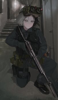 1girl absurdres boots bulletproof_vest combat_belt combat_boots commentary english_commentary gloves grey_eyes grey_hair gun hallway highres kneeling knife knife_sheath looking_at_viewer military_uniform night_vision_device polilla pouch rifle sheath short_hair stairs trigger_discipline weapon
