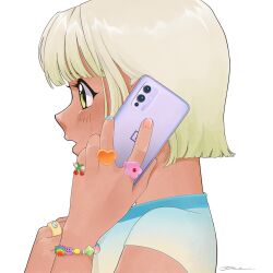 Rule 34 | 1990s (style), 1girl, blonde hair, blue nails, blue shirt, bracelet, cellphone, cherry, commentary, dark-skinned female, dark skin, english commentary, food, fruit, gradient shirt, green eyes, hand on own chest, heart, highres, holding, holding phone, jewelry, multicolored nails, open mouth, original, phone, pink nails, retro artstyle, shirt, short hair, signature, smartphone, solo, surprised, white background, yellow shirt, yue (yung n dum )