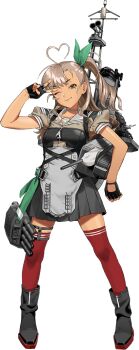 ahoge apron bad_link black_boots black_gloves boots brown_hair choker dark-skinned_female dark_skin fingerless_gloves full_body gloves green_eyes grey_apron grey_choker grey_overskirt grey_sailor_collar grey_skirt heart heart_ahoge kantai_collection kashi_(kancolle) looking_at_viewer machinery mole mole_under_eye official_art one_eye_closed one_side_up red_thighhighs sailor_collar sailor_shirt shirt skirt smile smokestack thighhighs transparent_background umihara_sakana v