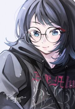Rule 34 | 1girl, bang dream!, bang dream! it's mygo!!!!!, bespectacled, black hair, black hoodie, blue eyes, commentary, glasses, highres, hood, hood down, hoodie, medium hair, round eyewear, solo, symbol-only commentary, upper body, white background, yahata umiri, yoyoray20001996