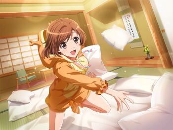 Rule 34 | 1girl, aijou karen, animal costume, brown eyes, brown hair, chair, frilled sleeves, frills, futon, game cg, holding, holding pillow, hood, hood down, indoors, kanihaniwa, long sleeves, looking at viewer, official art, open mouth, orange socks, pillow, shadow, short hair, shoujo kageki revue starlight, shoujo kageki revue starlight -re live-, socks, solo, standing, standing on one leg, swept bangs, table, tatami