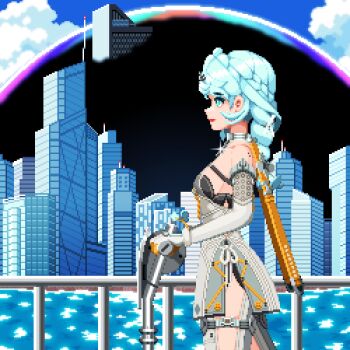 Rule 34 | 1girl, bare shoulders, blue eyes, blue hair, clothing cutout, commentary request, formal clothes, gloves, guppyinfishbowl, hair ornament, korean commentary, long hair, mole, mole on shoulder, open mouth, pixel art, seed (zenless zone zero), side cutout, sky, smile, solo, suit, town, water, white gloves, white suit, zenless zone zero