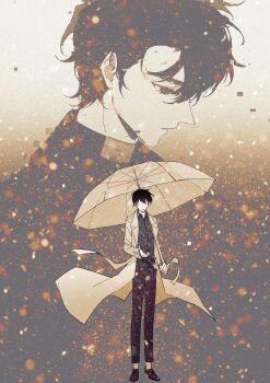 2boys black_eyes black_hair black_shirt coat collared_shirt commentary curtained_hair english_commentary facing_viewer full_body head_down highres holding holding_umbrella kim_dokja light_particles male_focus multiple_boys omniscient_reader&#039;s_viewpoint open_clothes open_coat outstretched_hand shirt short_hair standing twle umbrella white_coat wind wind_lift yoo_joonghyuk