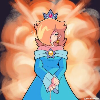 1girl bare_shoulders blonde_hair blue_dress blue_eyes brooch closed_mouth commentary crown dress earrings english_commentary explosion facing_viewer hair_over_one_eye highres jewelry long_sleeves looking_to_the_side mario_(series) mayo_(funnyhoohooman) nintendo off-shoulder_dress off_shoulder rosalina smile solo star_(symbol) star_brooch star_earrings the_super_mario_galaxy_movie twitter_username