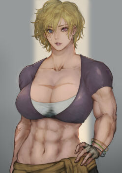 1girl 2025 abs absurdres blonde_hair blue_eyes bra breasts cleavage clothes_around_waist commission cropped_shirt curly_hair female_focus fingerless_gloves gloves grey_background grey_gloves hand_on_own_hip heterochromia highres jacket jacket_around_waist large_breasts looking_at_viewer midriff mixed-language_commentary mole mole_under_mouth muscular muscular_female navel oliver_(oliverclassict) open_clothes open_shirt original parted_lips pink_lips purple_shirt red_eyes scar scar_on_arm scar_on_chest shirt short_hair simple_background skeb_commission smile solo standing taut_clothes toned toned_female underwear upper_body variant_set white_bra