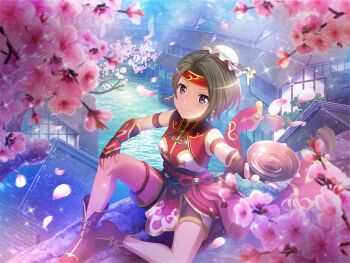 Rule 34 | 1girl, blurry, blurry foreground, boots, brown boots, building, cherry blossoms, chinese clothes, closed mouth, cosplay, cup, dress, earrings, game cg, grey hair, headband, holding, holding cup, jewelry, leg up, looking at viewer, minase suzu, official art, on roof, petals, purple eyes, red dress, red headband, sakazuki, short hair, shoujo kageki revue starlight, shoujo kageki revue starlight -re live-, sitting, smile, solo, upper body, zhang fei (romance of the three kingdoms), zhang fei (romance of the three kingdoms) (cosplay)