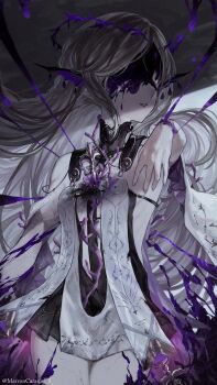 1girl adversarial_noise bare_shoulders black_collar black_dress breasts caramelmarron cartethyia_(wuthering_waves) collar commentary_request corruption covered_eyes crown_of_thorns dress earrings facing_to_the_side fins fleur-de-lis grey_hair hand_up head_fins highres jewelry leviathan_(wuthering_waves) long_hair multiple_earrings necklace no_horns parted_lips sidelocks small_breasts solo tabard twitter_username white_tabard wuthering_waves