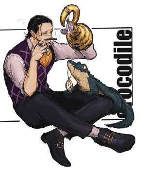 1boy animal ascot black_hair character_name commentary crocodile crocodile_(one_piece) crocodilian earrings f4ylu full_body hair_slicked_back highres hook_hand jewelry one_piece orange_ascot purple_vest ring simple_background sitting sparkle stitched_face stitches symbol-only_commentary vest watch white_background