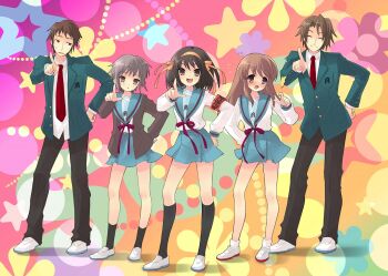 2boys 3girls aqua_jacket aqua_sailor_collar aqua_skirt armband asahina_mikuru black_pants black_socks blazer blush brown_hair brown_jacket closed_eyes closed_mouth collared_shirt commentary_request facing_viewer hairband hand_on_own_hip hare_hare_yukai ito_noizi jacket kita_high_school_uniform koizumi_itsuki kyon long_hair long_sleeves looking_at_viewer multiple_boys multiple_girls nagato_yuki neck_ribbon necktie official_art open_clothes open_jacket open_mouth orange_hairband pants parted_lips pointing pointing_at_viewer red_necktie red_ribbon ribbon sailor_collar school_uniform second-party_source shirt shoes short_hair skirt small_sweatdrop smile socks standing suzumiya_haruhi suzumiya_haruhi_no_yuuutsu uwabaki white_shirt white_socks
